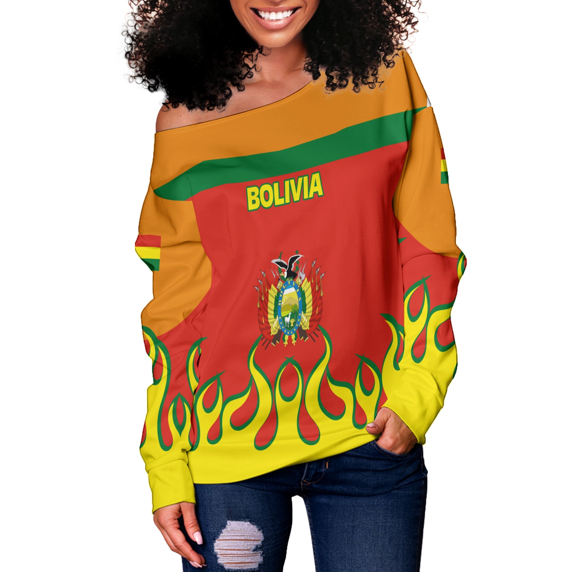 Bolivia Women Off Shoulder Sweatshirt Flag & Coat Of Arms Fire Hockey Style