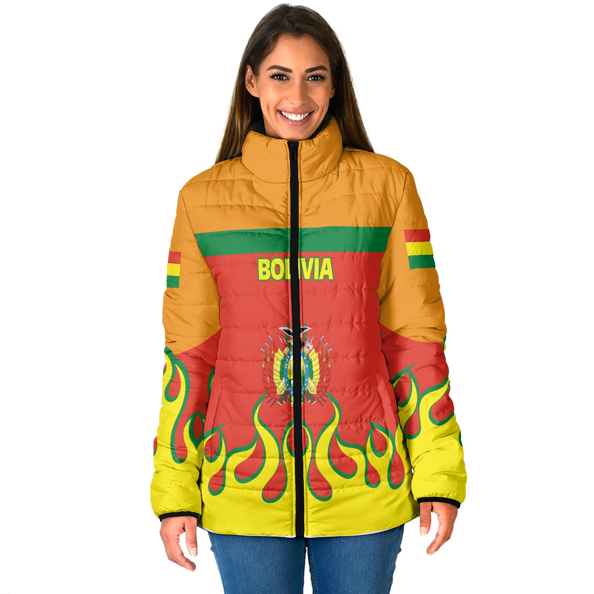 Bolivia Women Padded Jacket Flag & Coat Of Arms Fire Hockey Style