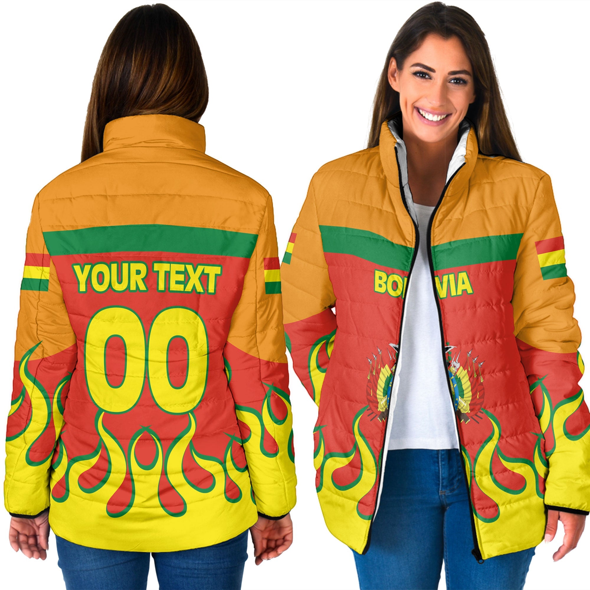 Bolivia Women Padded Jacket Flag & Coat Of Arms Fire Hockey Style