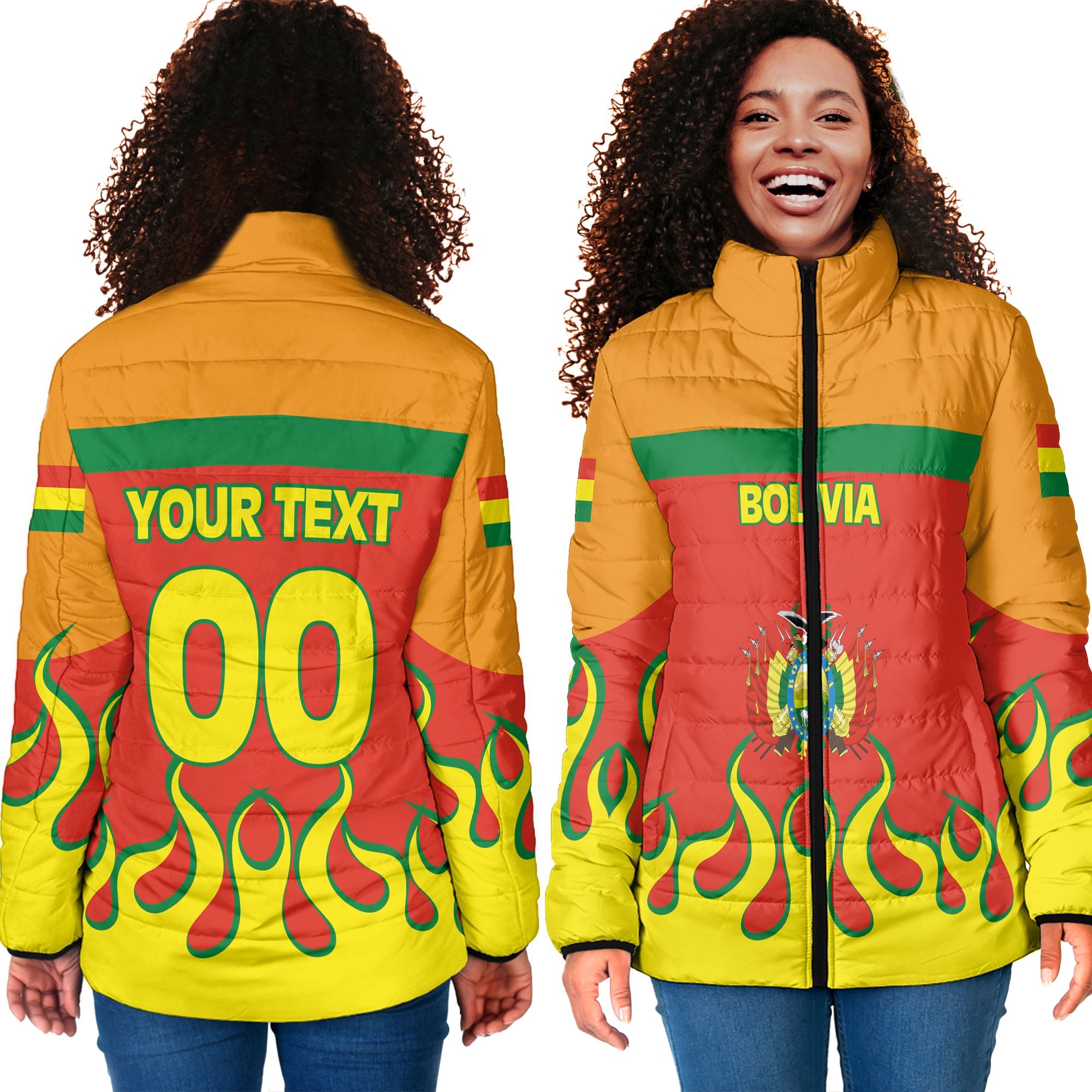 Bolivia Women Padded Jacket Flag & Coat Of Arms Fire Hockey Style