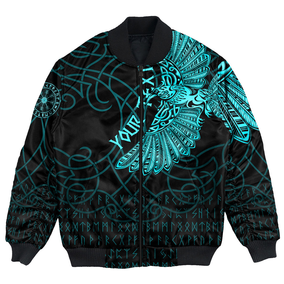 Custom Viking Bomber Jacket Viking Odin's Celtic Ravens Cyan Version