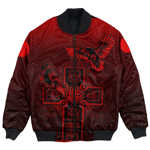 Viking Bomber Jacket Hugin and Munin Red Leather Background