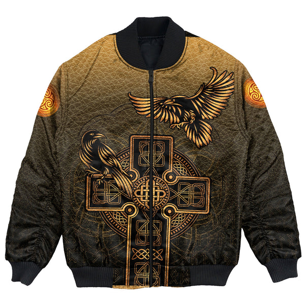 Viking Bomber Jacket Hugin and Munin Gold Leather Background Style Ver01