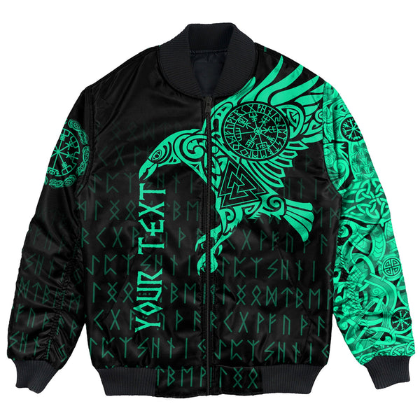 Custom Viking Bomber Jacket The Raven Of Odin Tattoo Green Cyan Version