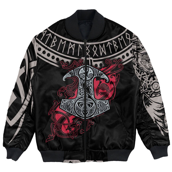 Viking Bomber Jacket Mjolnir and Fenrir Tattoo Mix Ruby Red