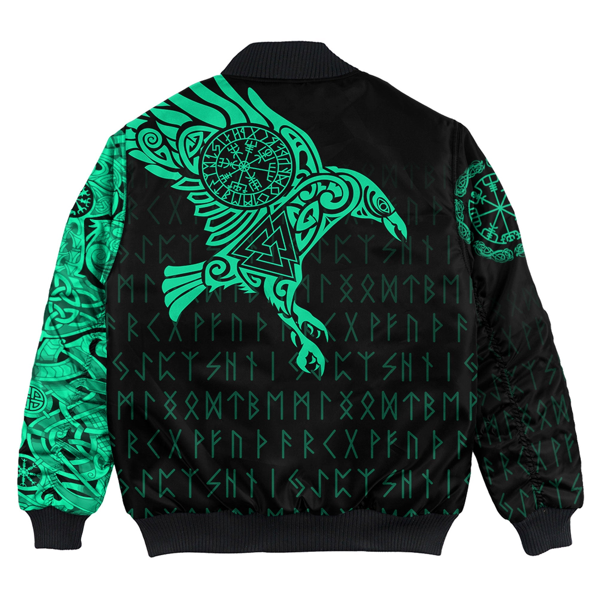 Custom Viking Bomber Jacket The Raven Of Odin Tattoo Green Cyan Version