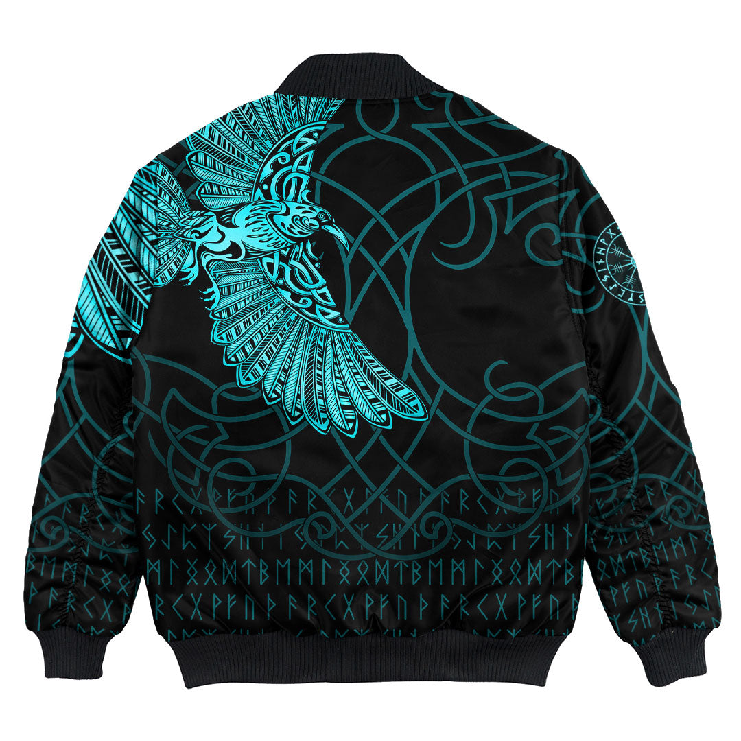 Custom Viking Bomber Jacket Viking Odin's Celtic Ravens Cyan Version