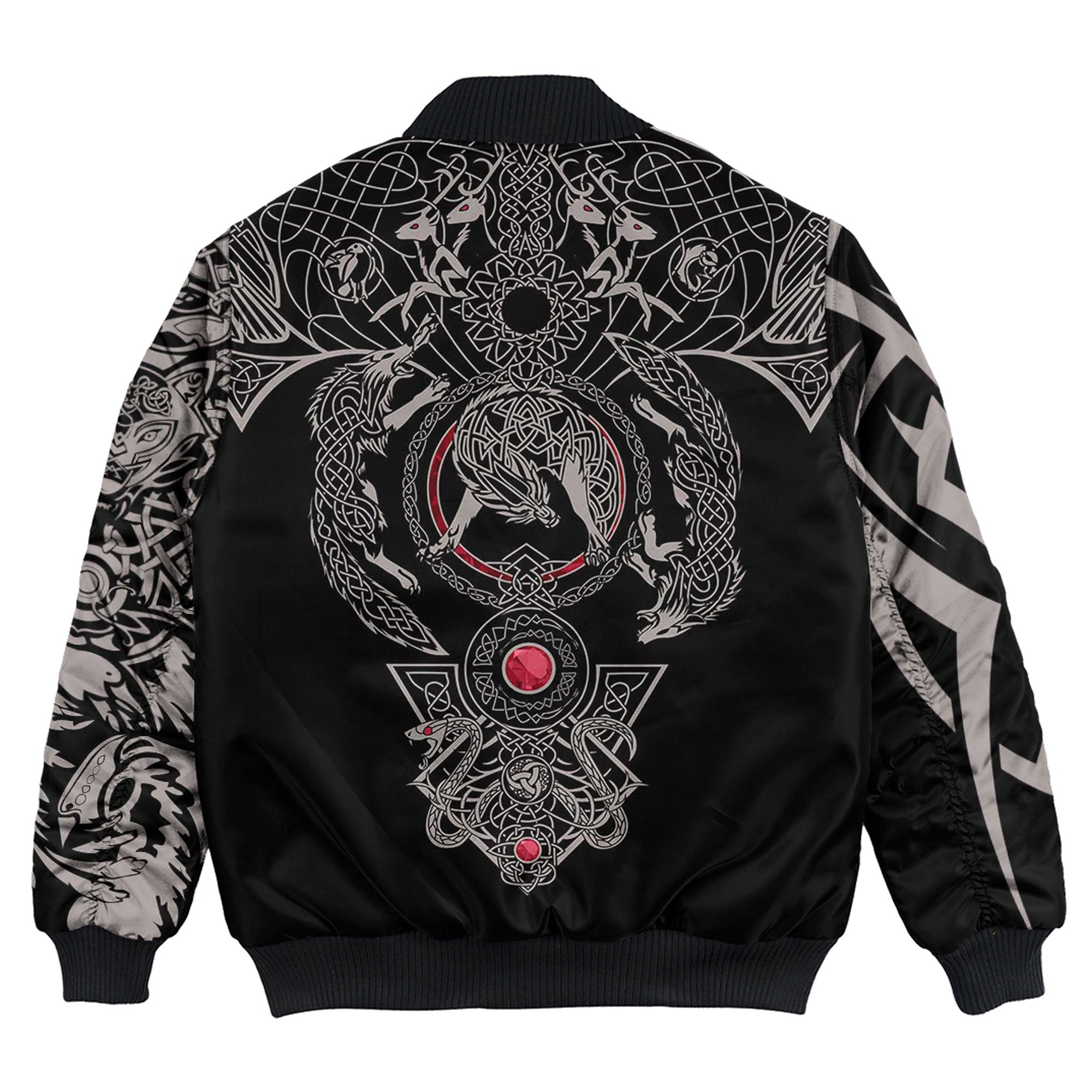 Viking Bomber Jacket Mjolnir and Fenrir Tattoo Mix Ruby Red