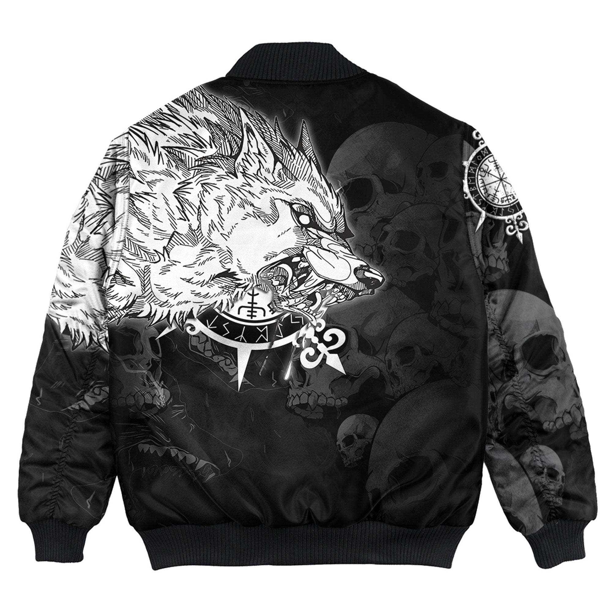 Viking Bomber Jacket Fenrir Wolf Skull and Sun Vegvisir