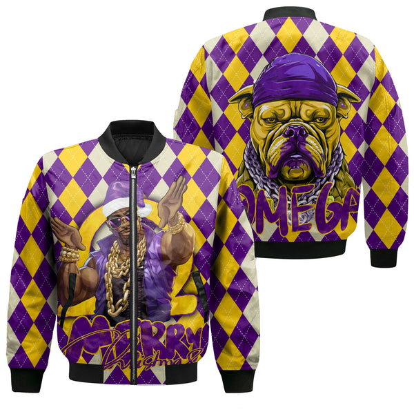 Fraternity Bomber Jacket - OPP Christmas Bomber Jackets Bulldog Purple Gold Caro Pattern Style