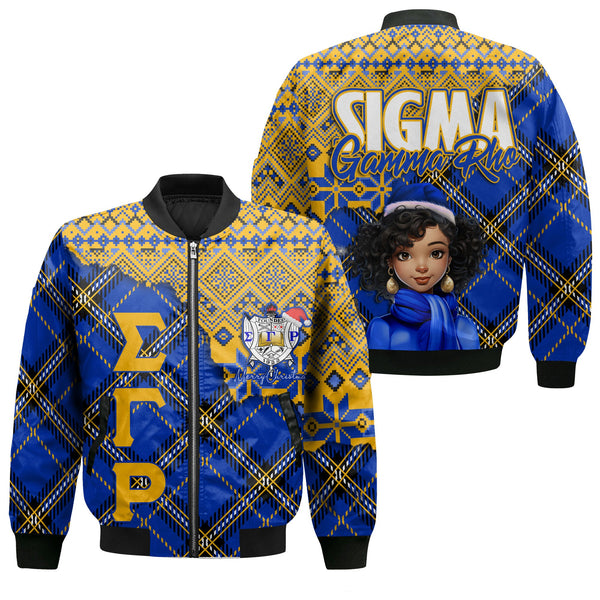 Sorority Bomber Jacket - Christmas Sigma Gamma Rho Girl Bomber Jackets Plaid Background Style