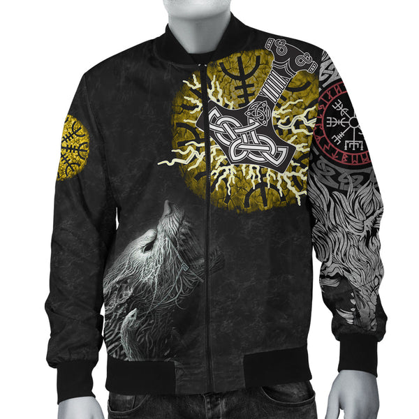 Viking Bomber Jacket Fenrir Fight Mjolnir of Thor on Helm Of Awe