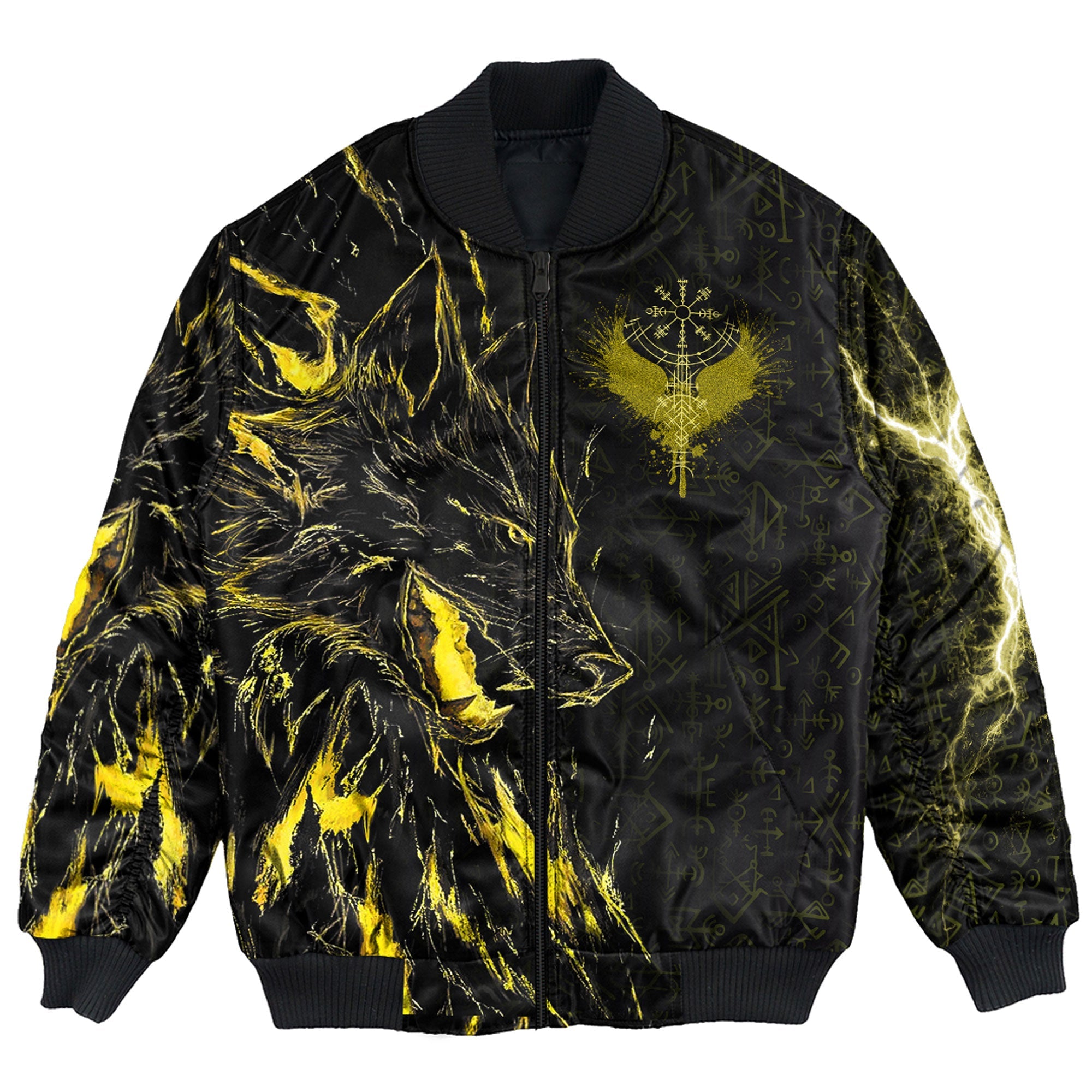 Viking Bomber Jacket Fenrir and Vegvisir Rune Gold