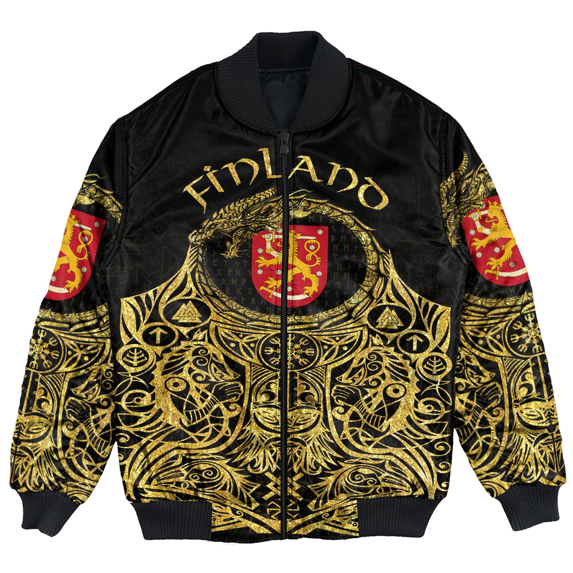 Viking Bomber Jacket Finland Odin Symbol Tattoo Gold