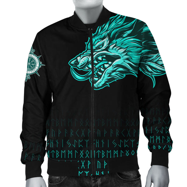 Viking Bomber Jacket Fenrir Wolf Cyan Near Shoulder