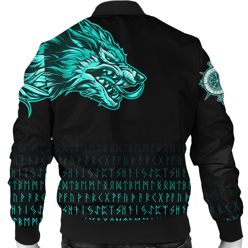 Viking Bomber Jacket Fenrir Wolf Cyan Near Shoulder