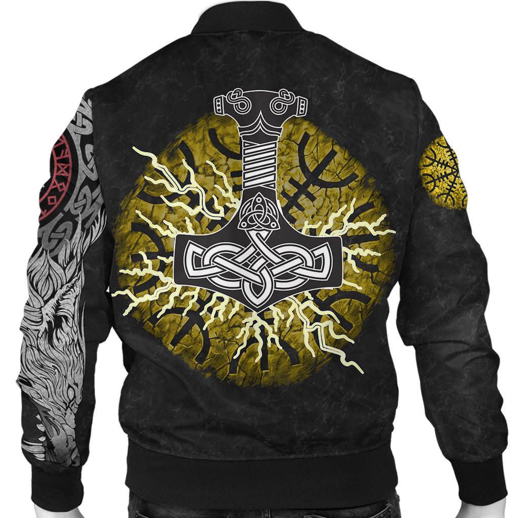 Viking Bomber Jacket Fenrir Fight Mjolnir of Thor on Helm Of Awe