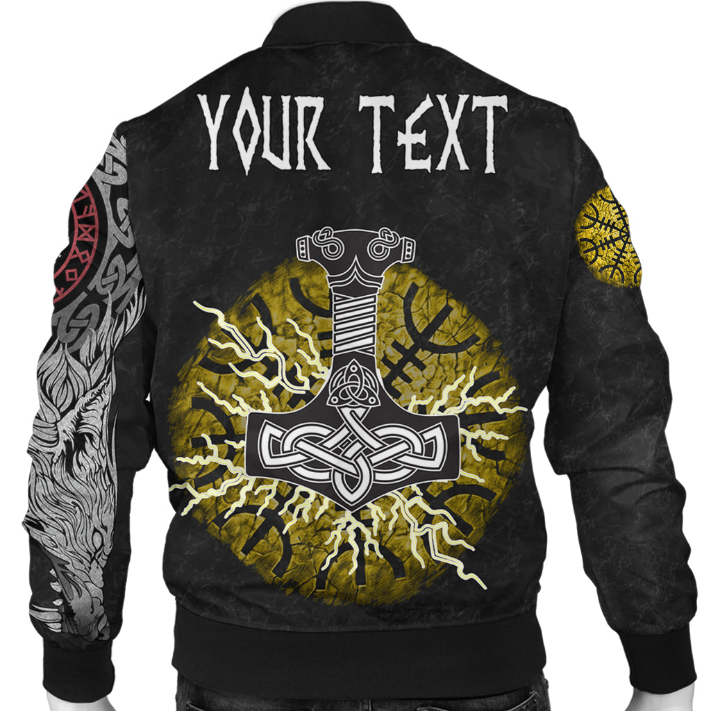 Custom Viking Bomber Jacket Fenrir Fight Mjolnir of Thor on Helm Of Awe