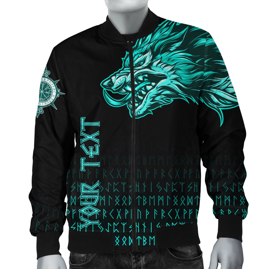 Custom Viking Bomber Jacket Fenrir Wolf Cyan Near Shoulder