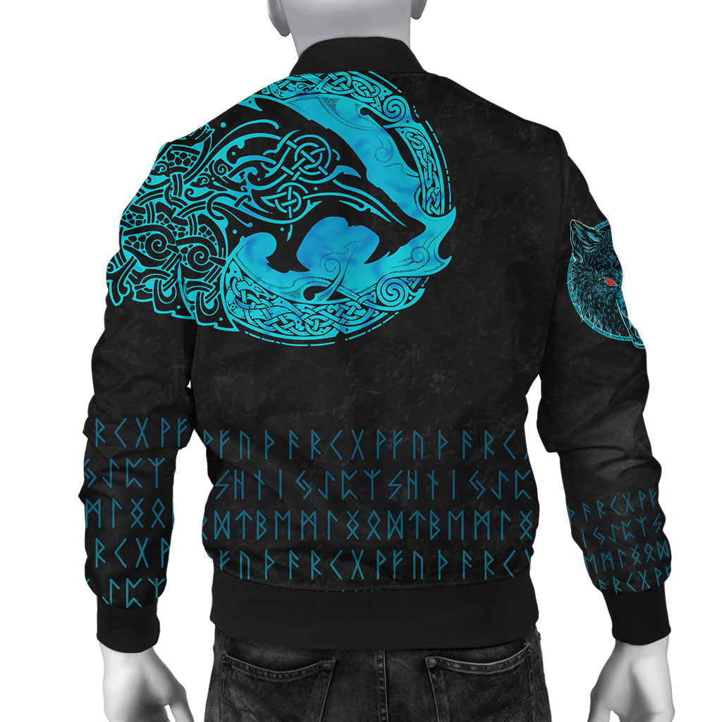 Custom Viking Bomber Jacket Fenrir Wolf Cyan