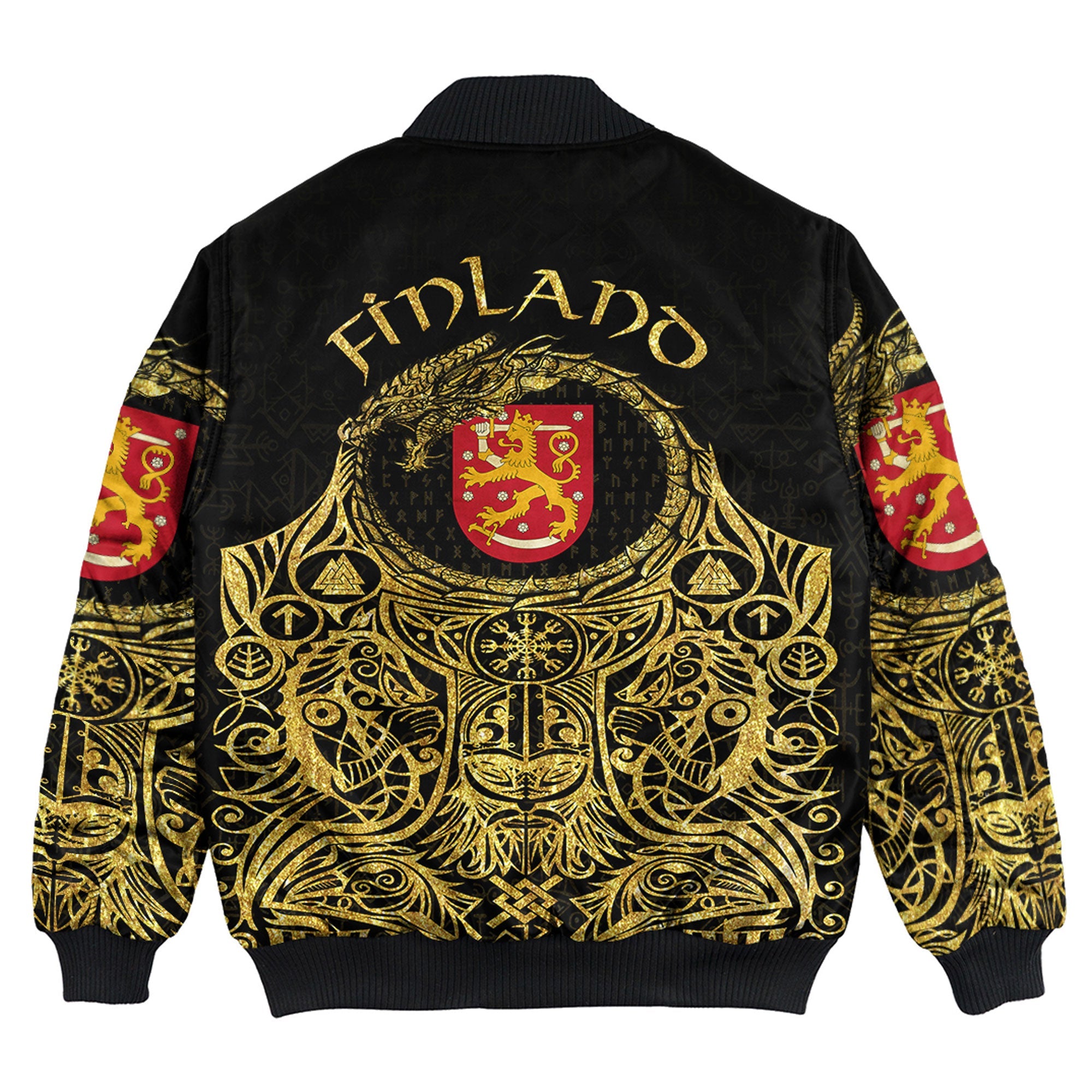 Viking Bomber Jacket Finland Odin Symbol Tattoo Gold