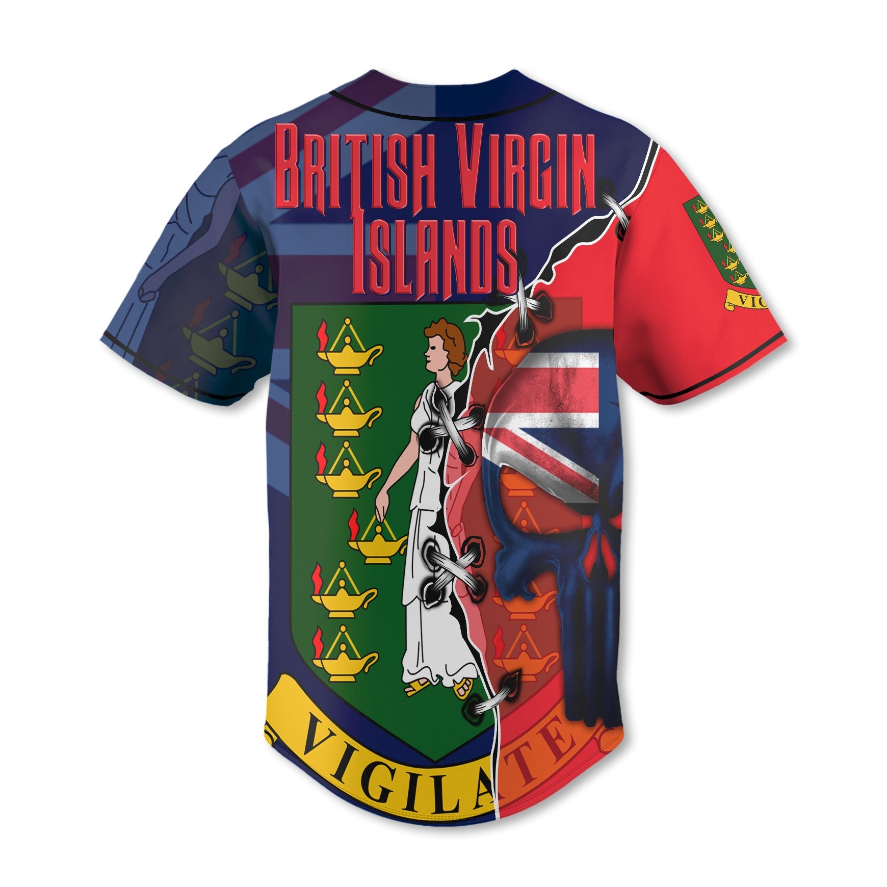 British Virgin Islands Baseball Jersey Flag & Coat Of Arms Skull Style