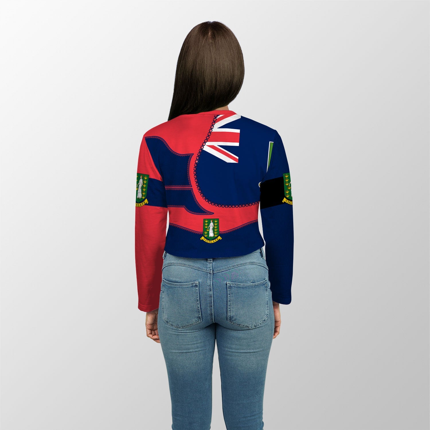 British Virgin Islands Crop Top Long T Shirt Flag & Coat Of Arms Leather Style