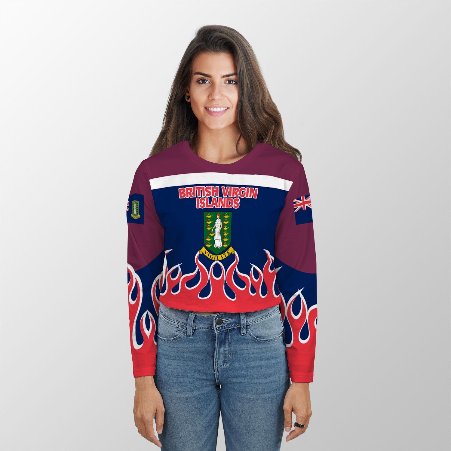 British Virgin Islands Crop Top Long TShirt Flag & Coat Of Arms Fire Hockey Style