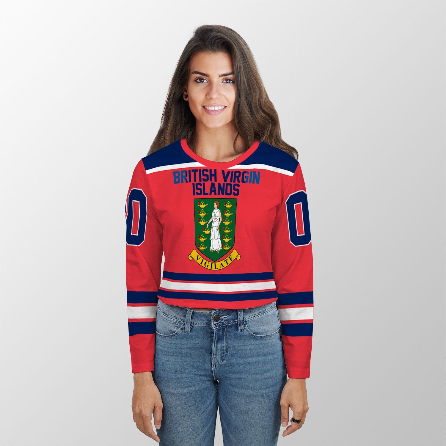 British Virgin Islands Crop Top Long T Shirt Flag & Coat Of Arms Hockey Style