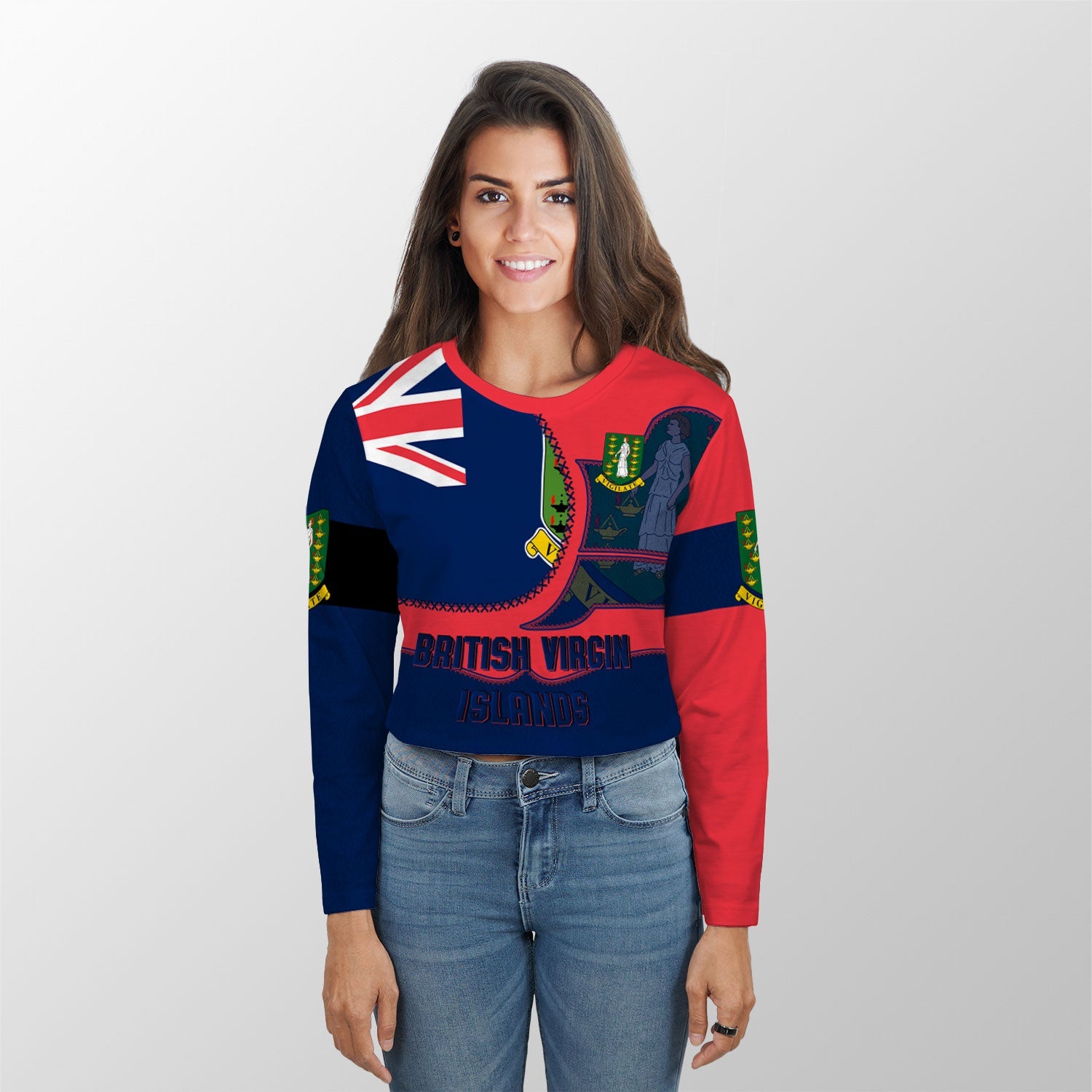 British Virgin Islands Crop Top Long T Shirt Flag & Coat Of Arms Leather Style