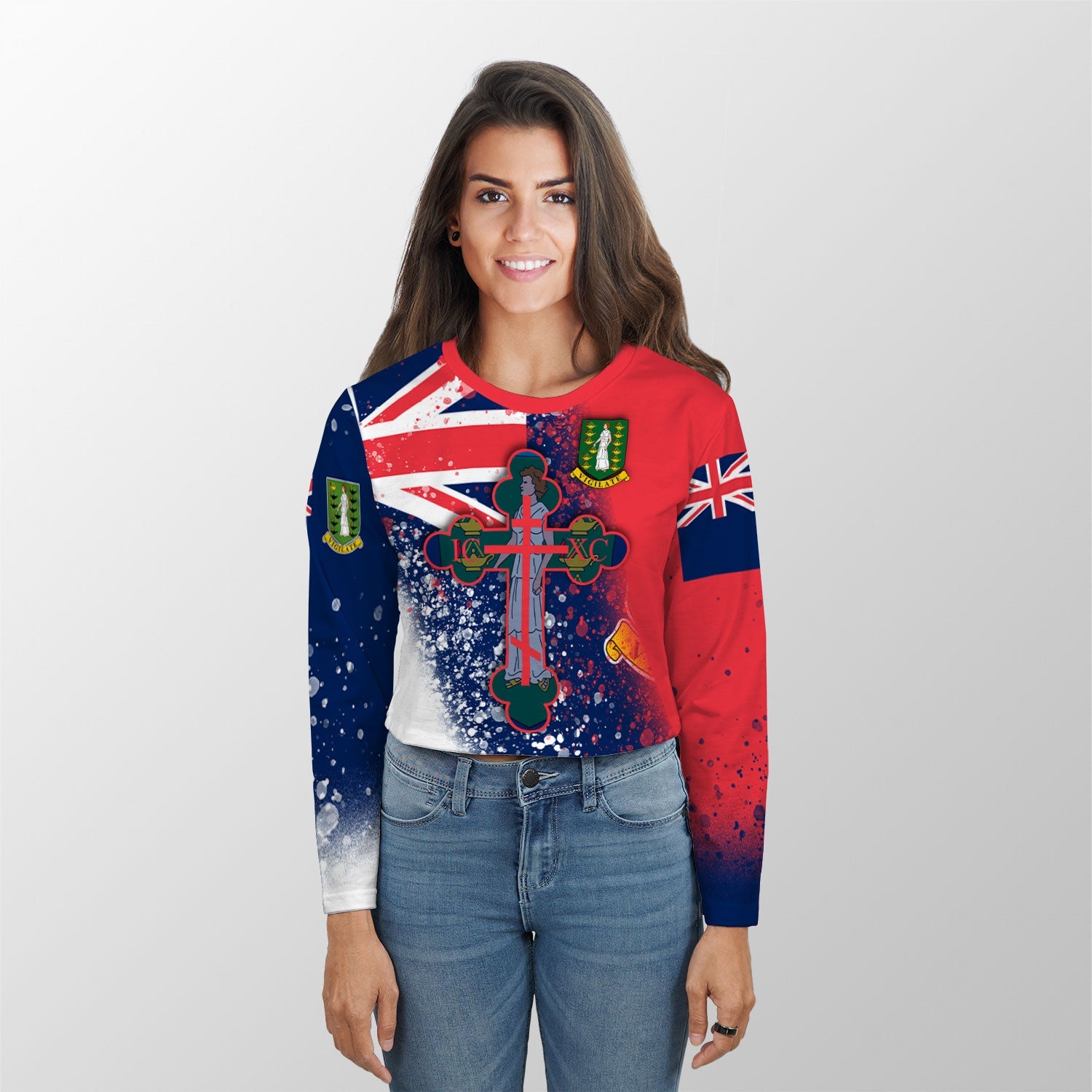 British Virgin Islands Crop Top Long TShirt Flag & Coat Of Arms Orthodox Style