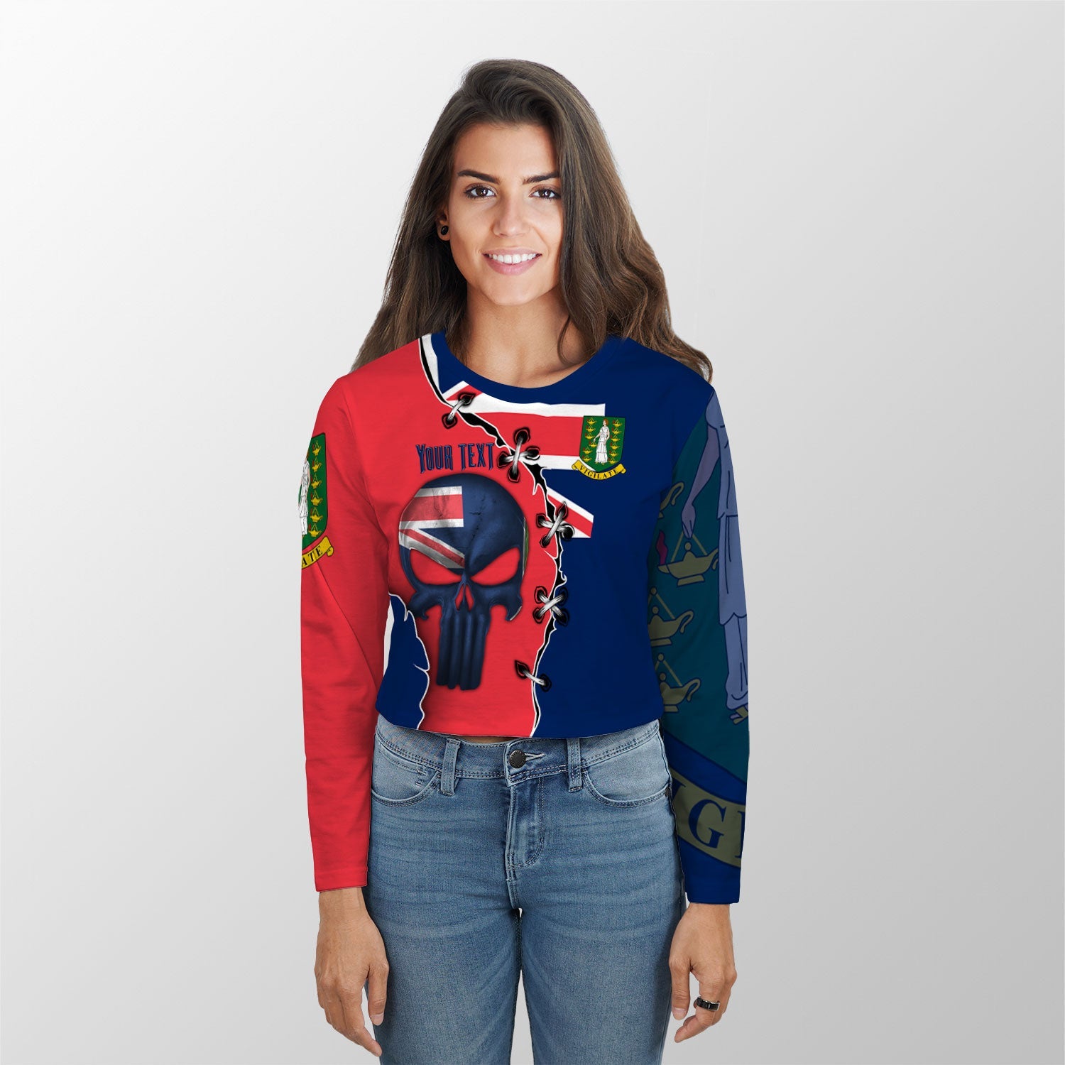 British Virgin Islands Crop Top Long TShirt Flag & Coat Of Arms Skull Style