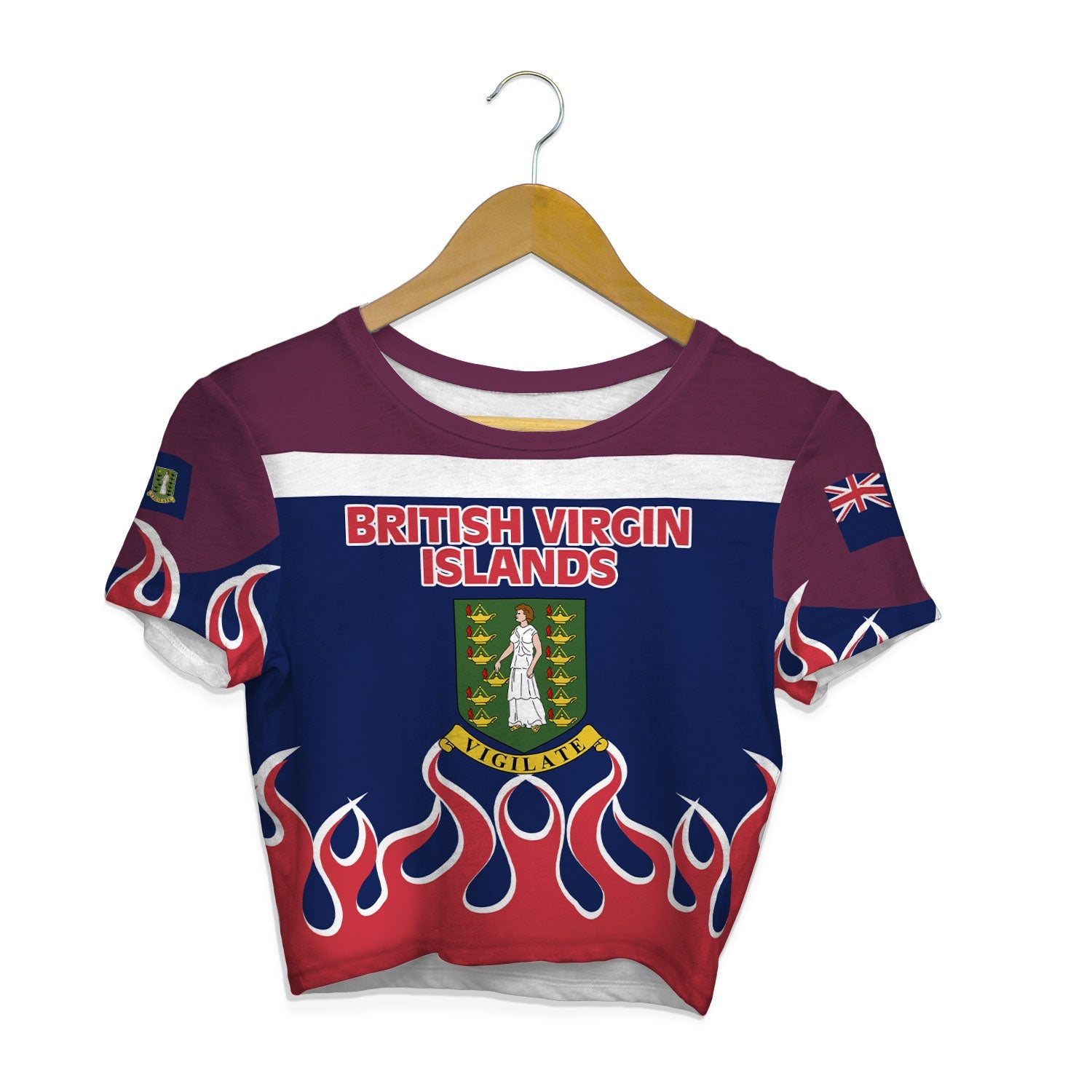 British Virgin Islands Crop Top T Shirt Flag & Coat Of Arms Fire Hockey Style