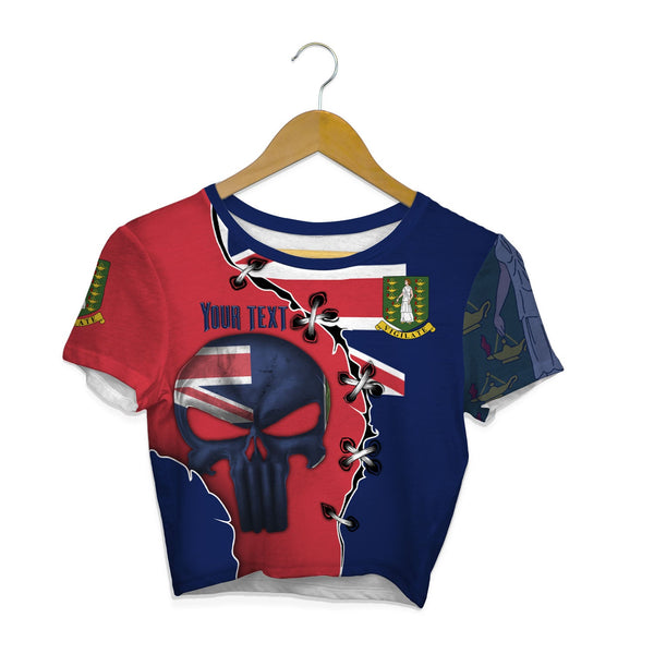 British Virgin Islands Crop Top T Shirt Flag & Coat Of Arms Skull Style