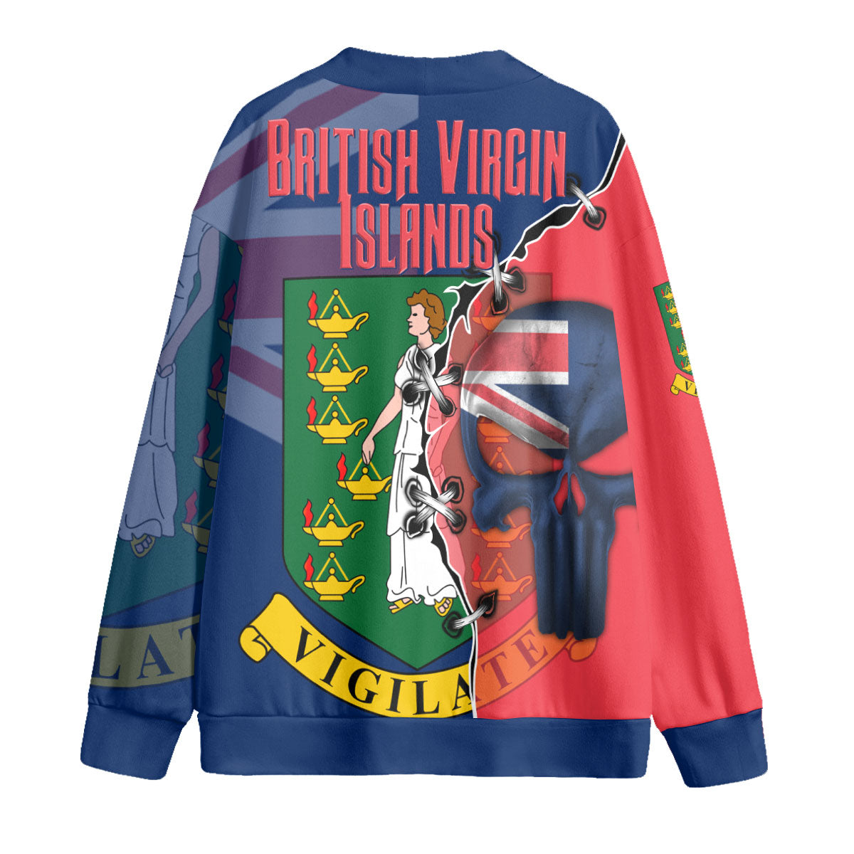 British Virgin Islands Fleece Cardigan Flag & Coat Of Arms Skull Style