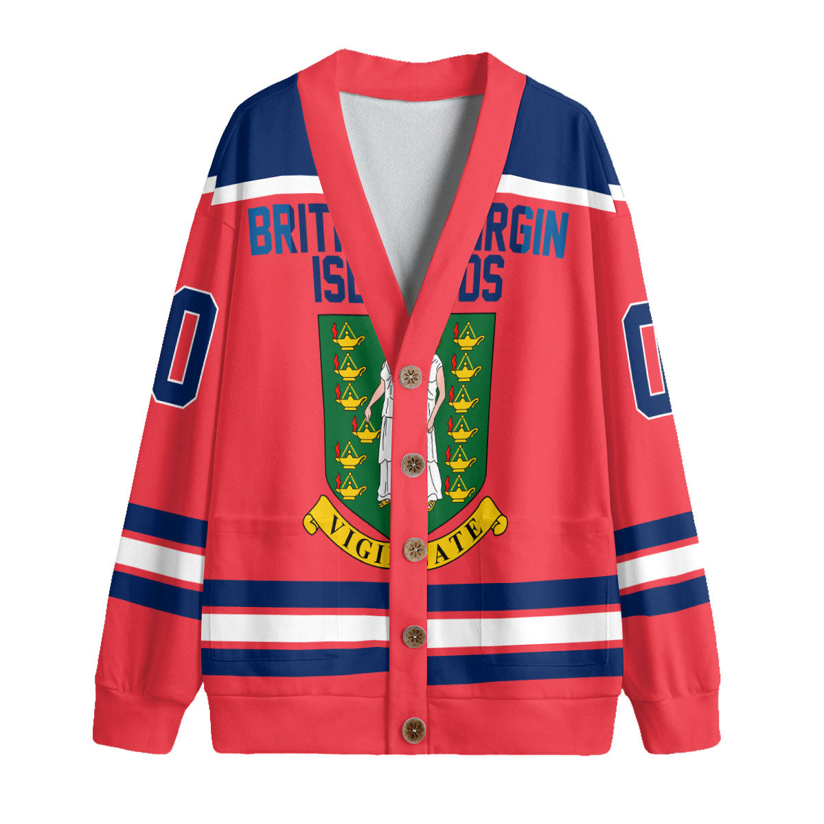 British Virgin Islands Fleece Cardigan Flag & Coat Of Arms Hockey Style