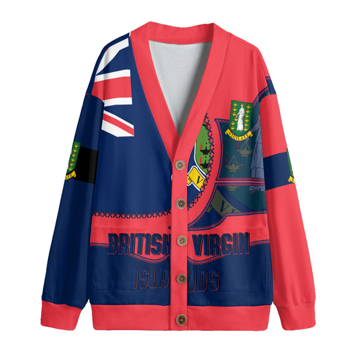 British Virgin Islands Fleece Cardigan Flag & Coat Of Arms Leather Style