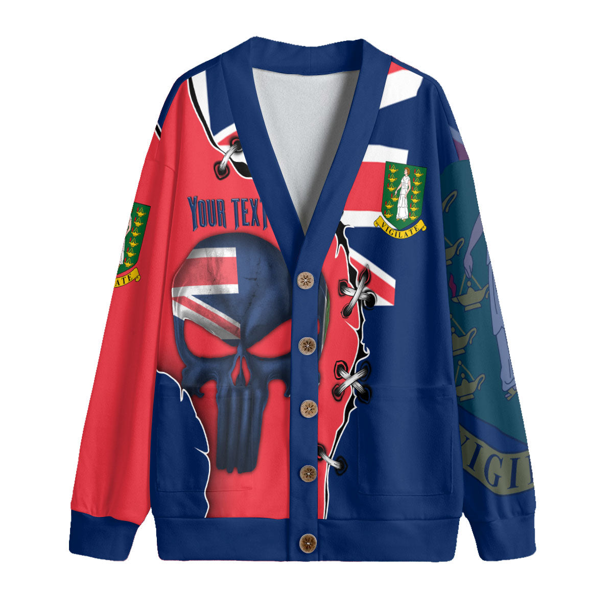 British Virgin Islands Fleece Cardigan Flag & Coat Of Arms Skull Style