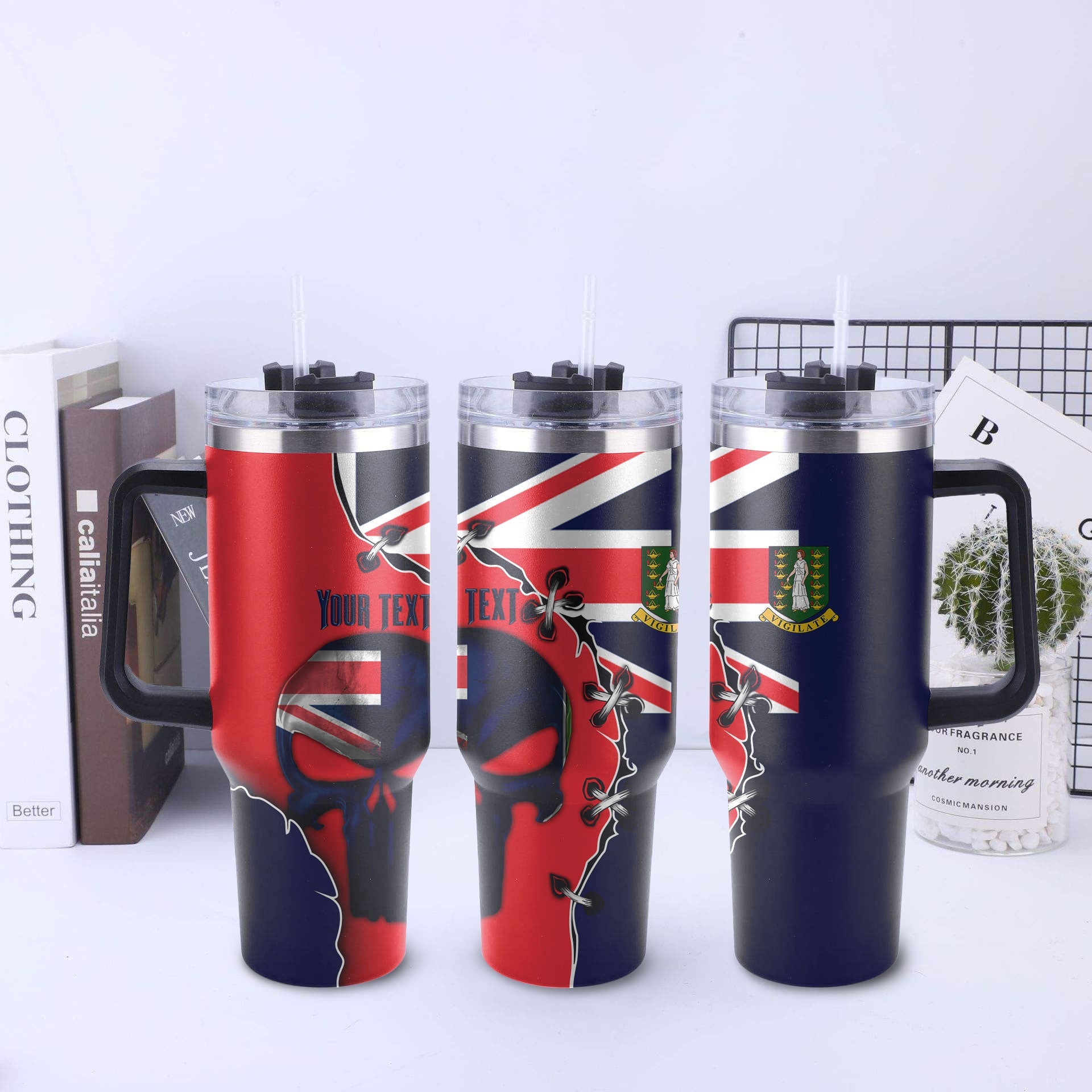 British Virgin Islands Handle Tumbler Flag & Coat Of Arms Skull Style