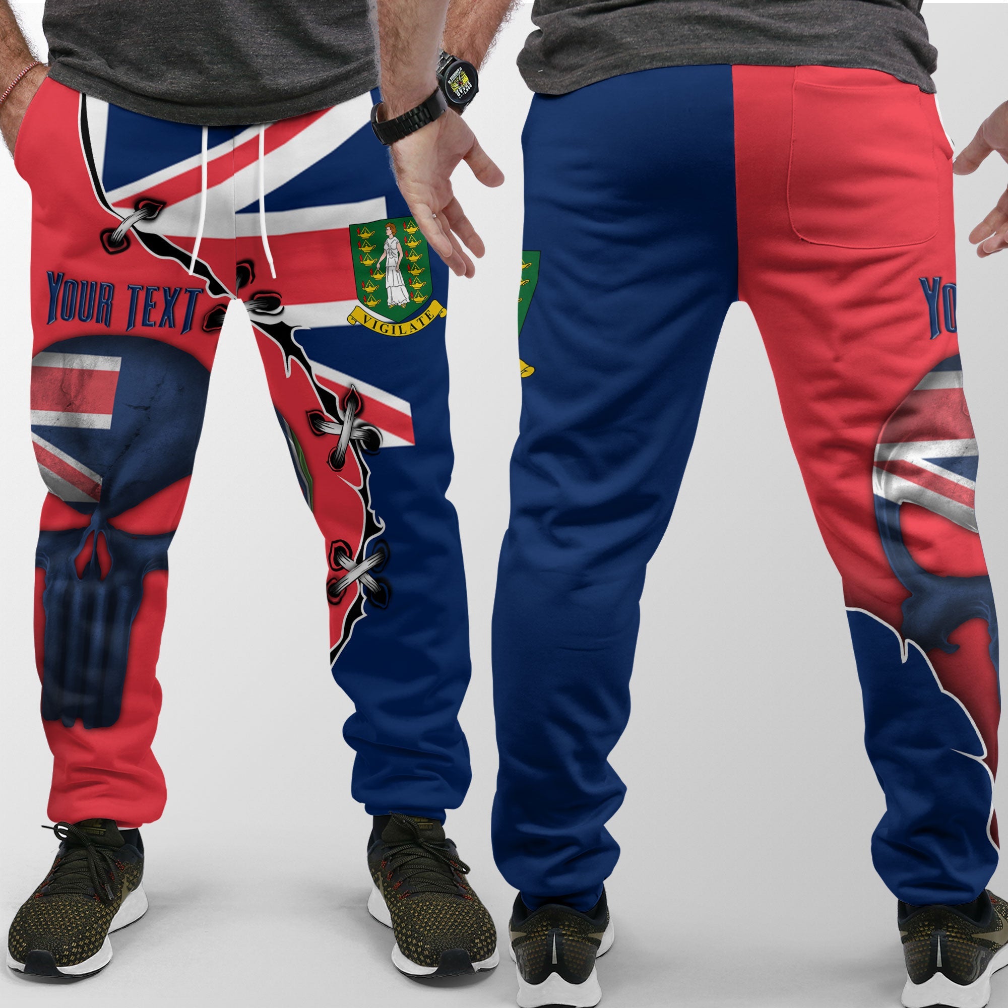 British Virgin Islands Jogger Pant Flag & Coat Of Arms Skull Style