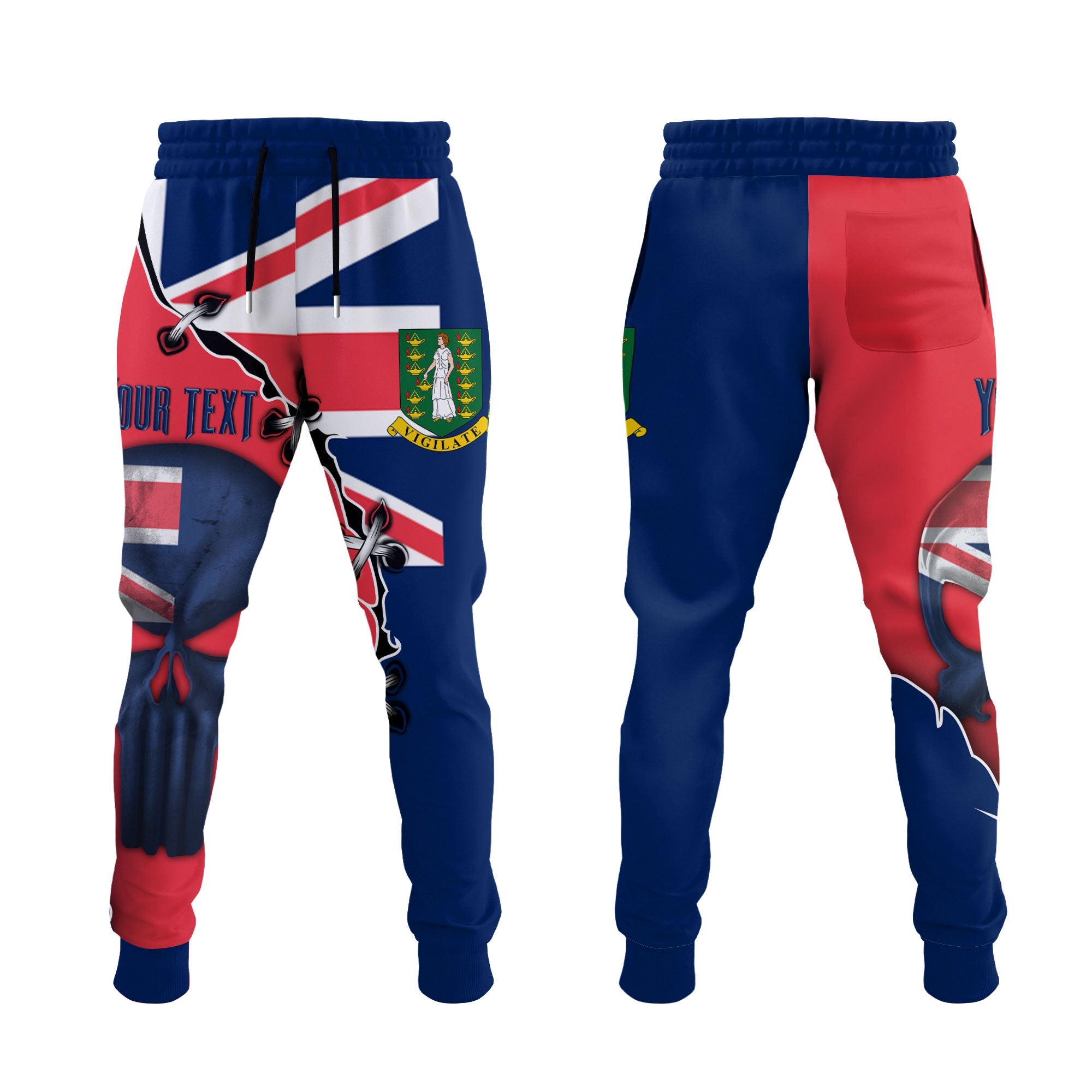 British Virgin Islands Jogger Pant Flag & Coat Of Arms Skull Style