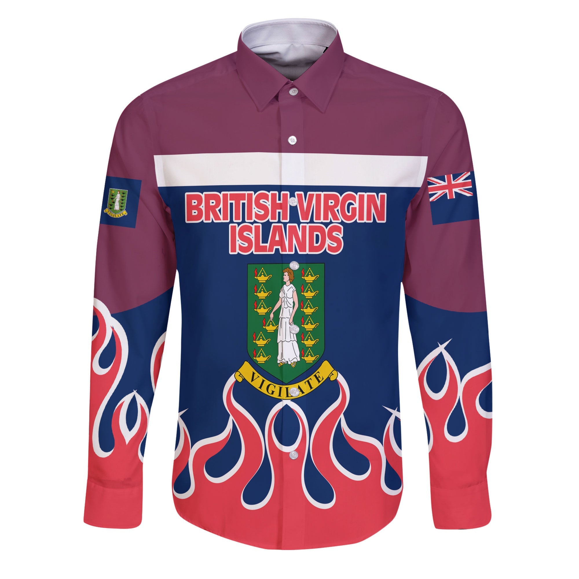 British Virgin Islands Long Sleeve Button Shirt Flag & Coat Of Arms Fire Hockey Style