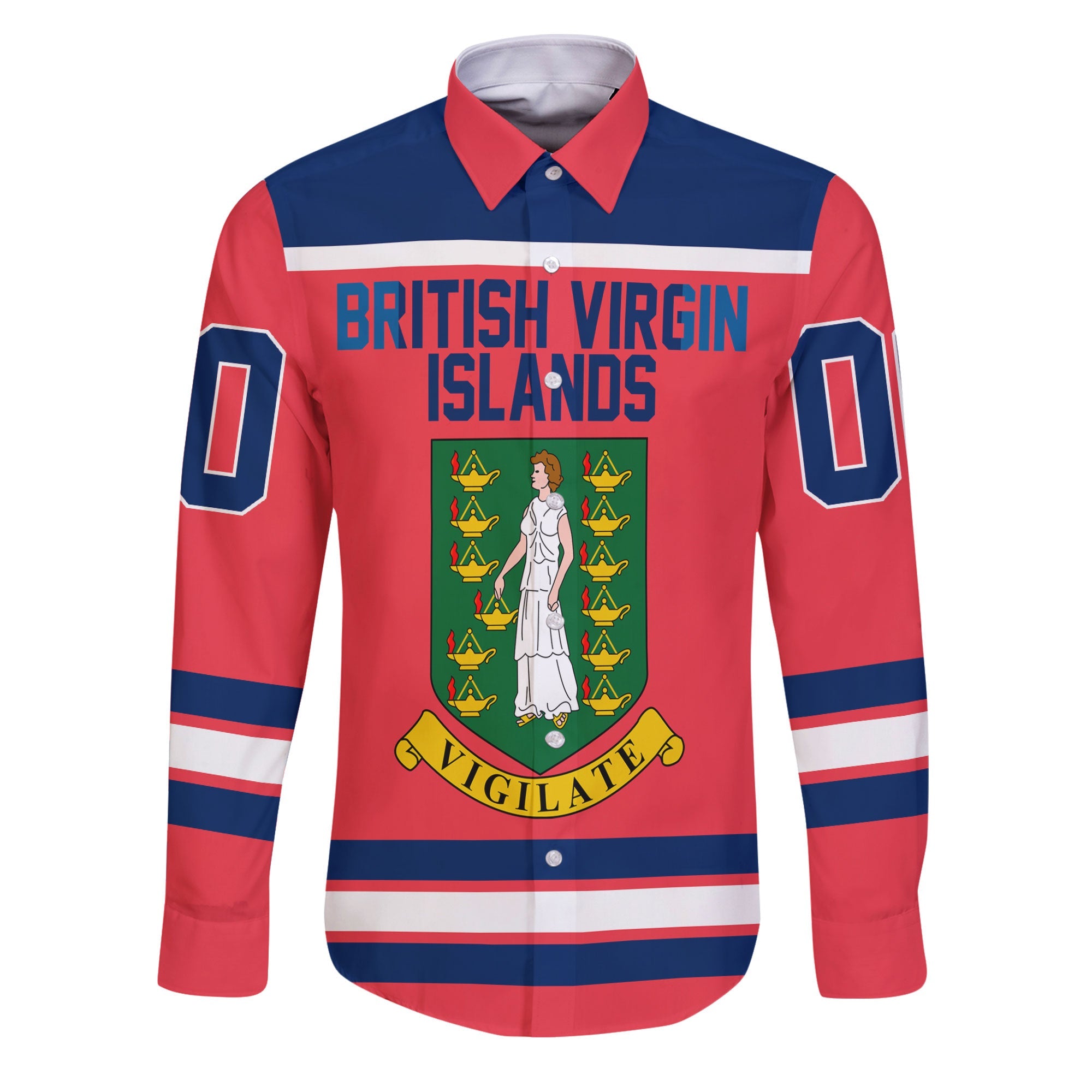 British Virgin Islands Long Sleeve Button Shirt Flag & Coat Of Arms Hockey Style