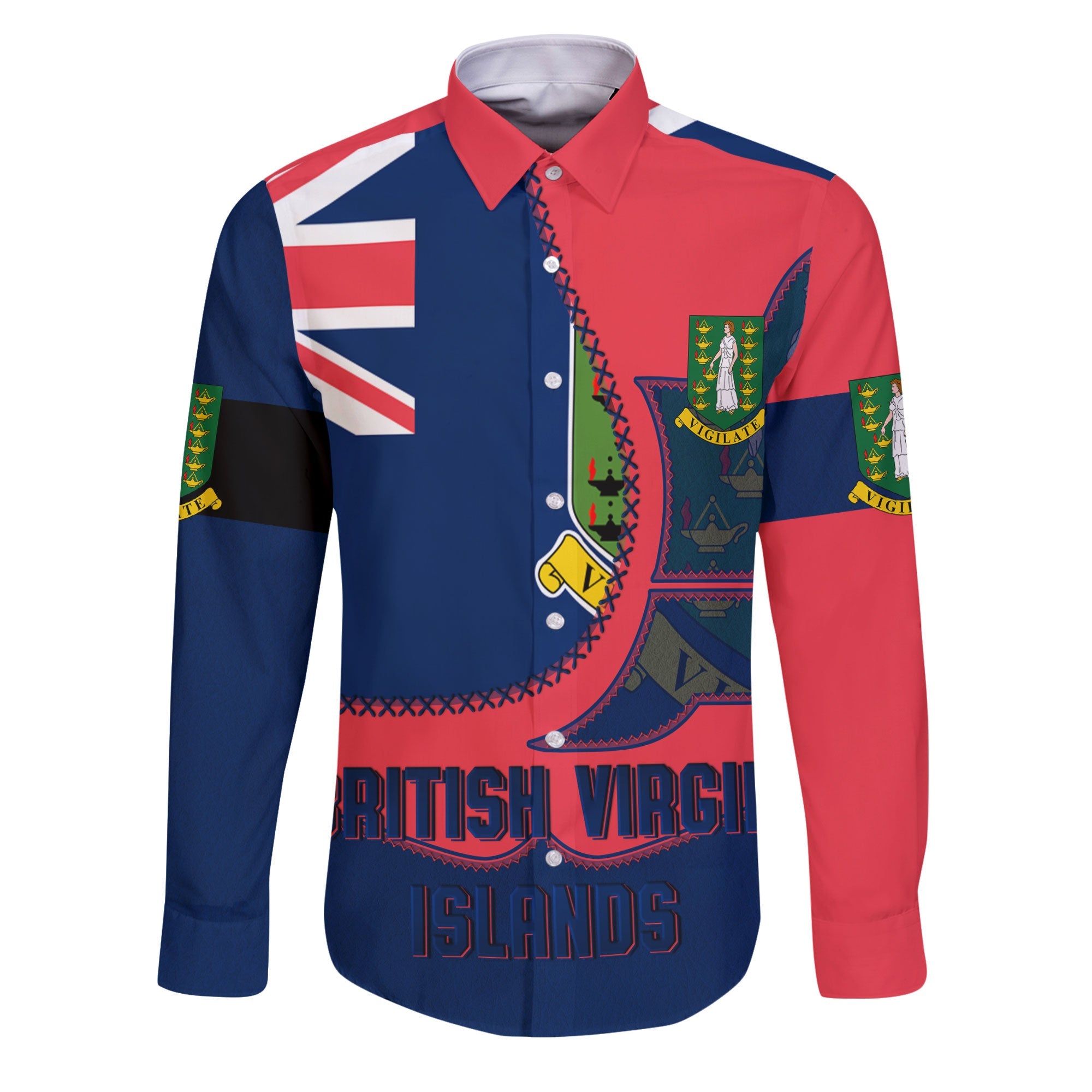 British Virgin Islands Long Sleeve Button Shirt Flag & Coat Of Arms Leather Style