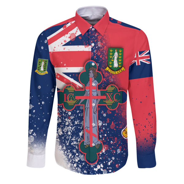 British Virgin Islands Long Sleeve Button Shirt Flag & Coat Of Arms Orthodox Style