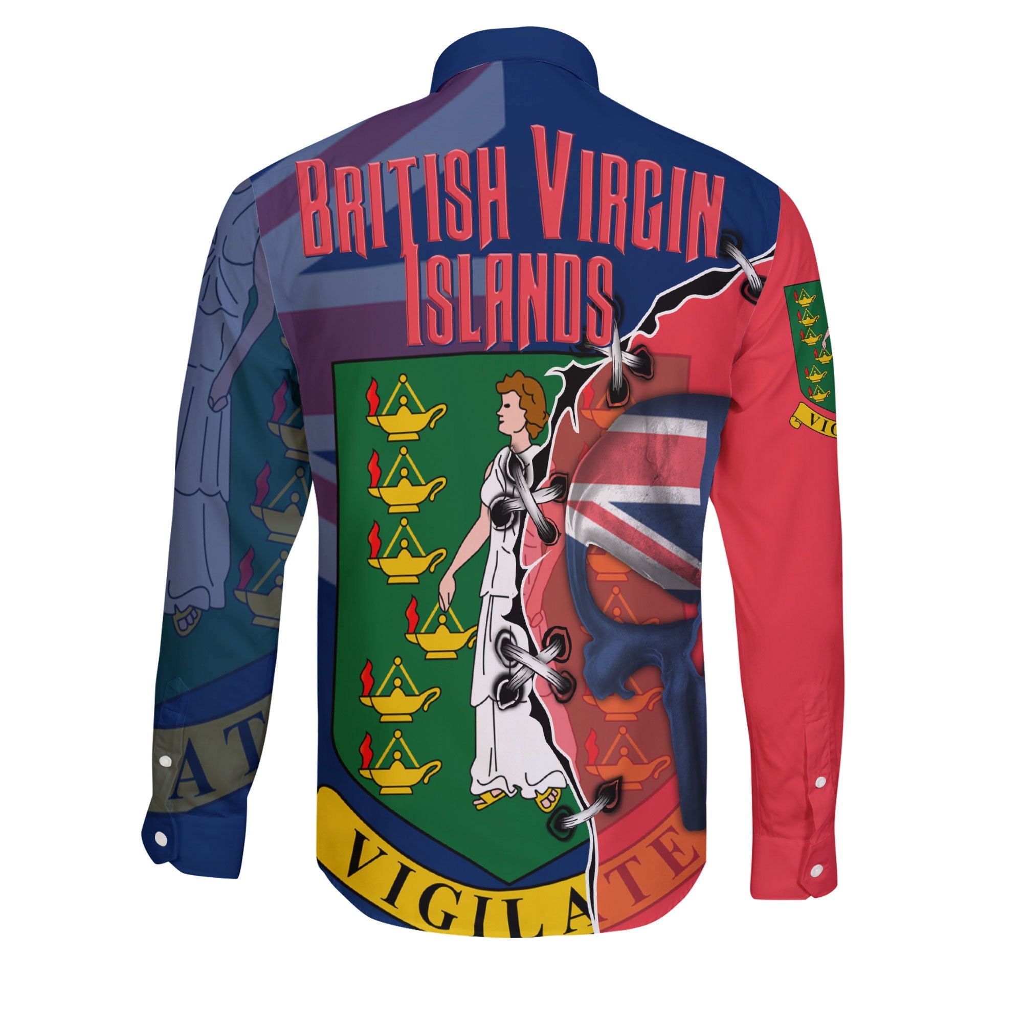 British Virgin Islands Long Sleeve Button Shirt Flag & Coat Of Arms Skull Style