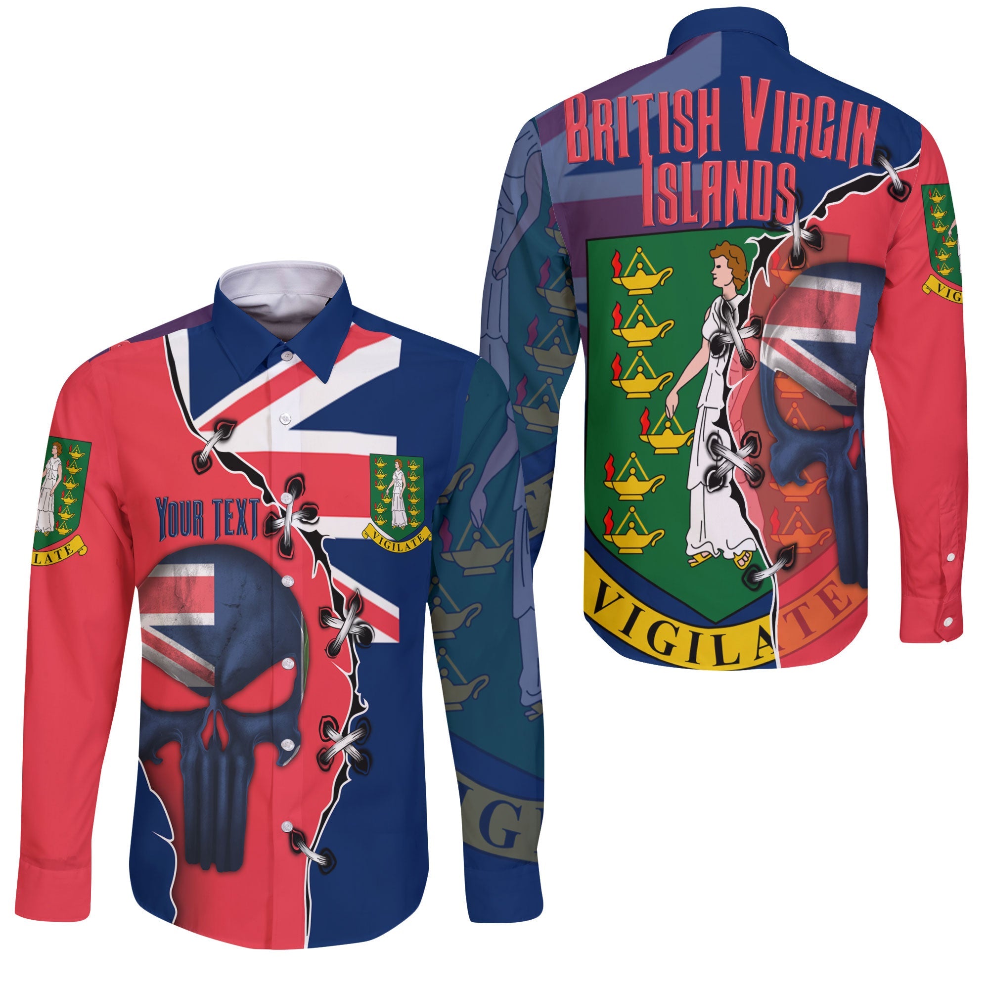 British Virgin Islands Long Sleeve Button Shirt Flag & Coat Of Arms Skull Style