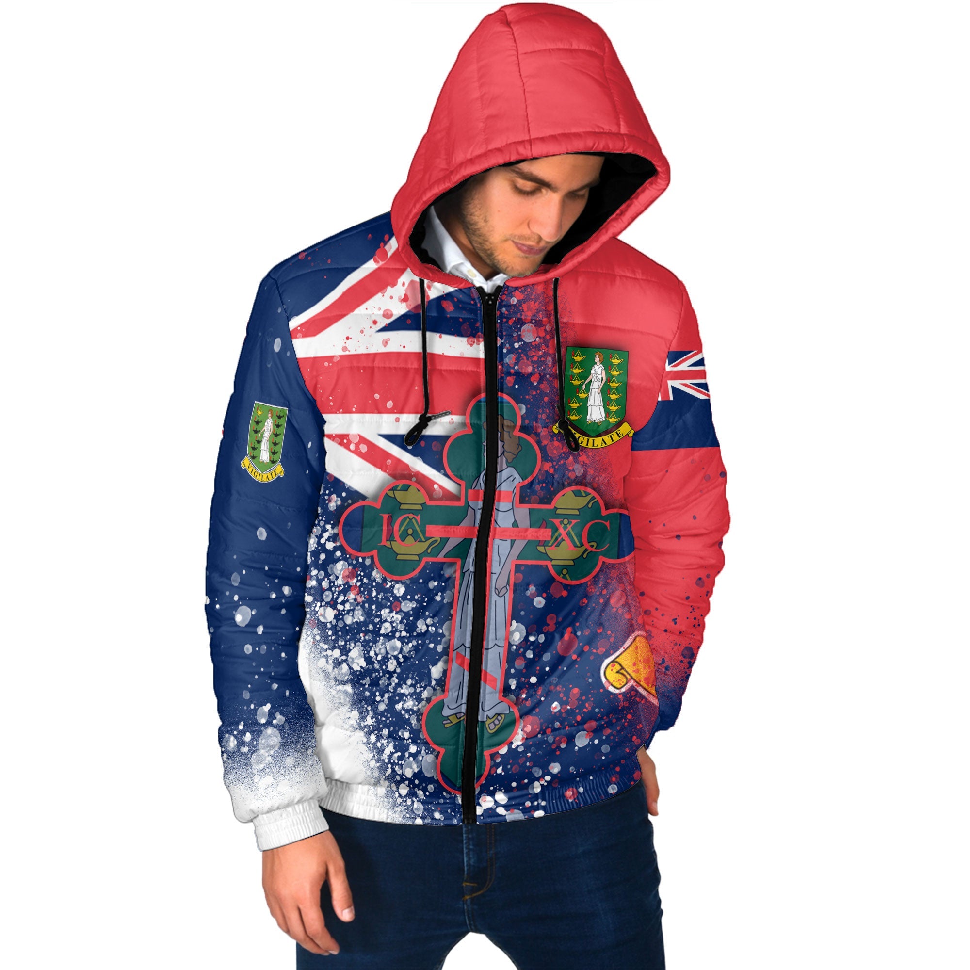 British Virgin Islands Men Hooded Padded Jacket Flag & Coat Of Arms Orthodox Style