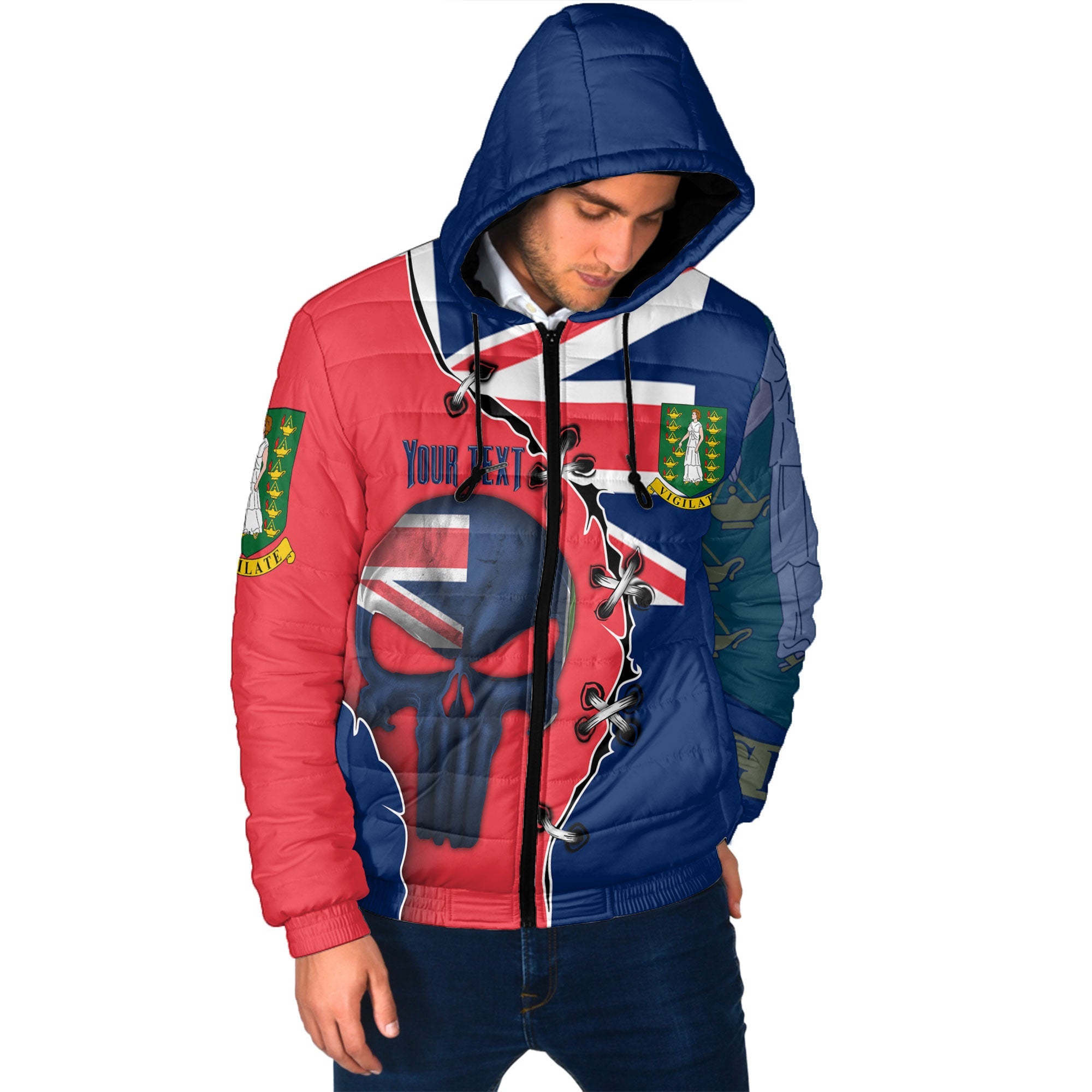 British Virgin Islands Men Hooded Padded Jacket Flag & Coat Of Arms Skull Style