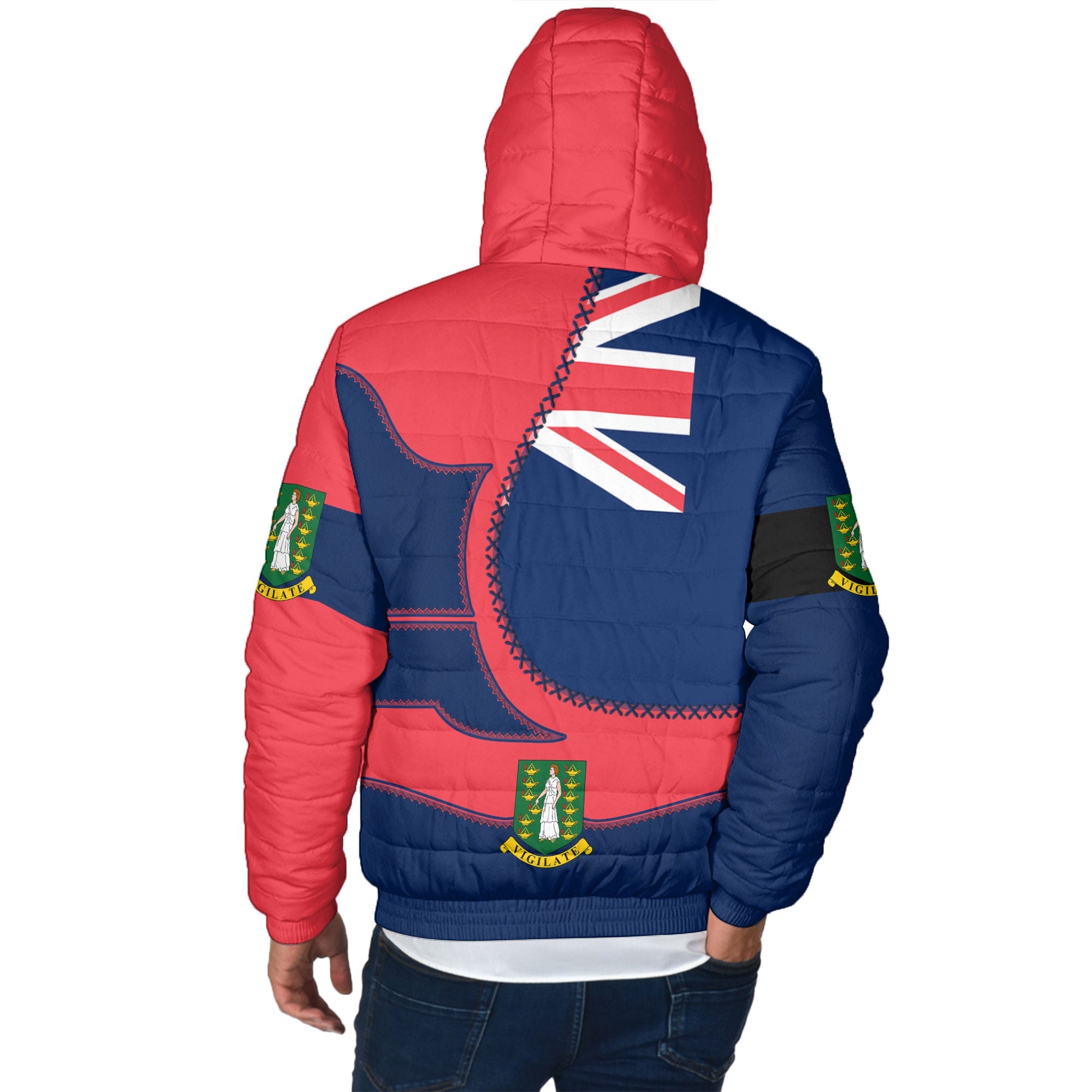 British Virgin Islands Men Hooded Padded Jacket Flag & Coat Of Arms Leather Style